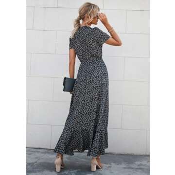 PRETTYGARDEN Women's Summer Wrap Maxi Dress Casual Boho Floral V Neck Short Sleeve Ruffle Hem Split Beach Long Dresses