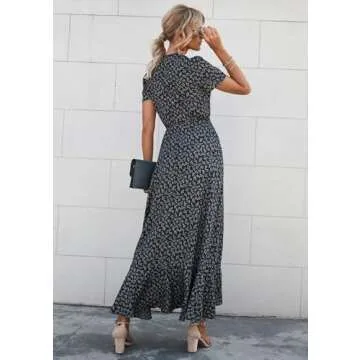 PRETTYGARDEN Women's Summer Wrap Maxi Dress Casual Boho Floral V Neck Short Sleeve Ruffle Hem Split Beach Long Dresses