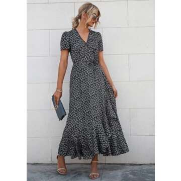 PRETTYGARDEN Women's Summer Wrap Maxi Dress Casual Boho Floral V Neck Short Sleeve Ruffle Hem Split Beach Long Dresses