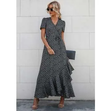 PRETTYGARDEN Women's Summer Wrap Maxi Dress Casual Boho Floral V Neck Short Sleeve Ruffle Hem Split Beach Long Dresses