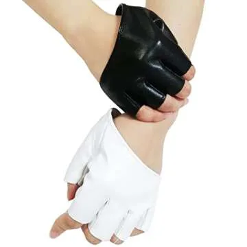 Townus 1 Pair White & Black Gloves PU Leather Anime Cosplay Fingerless Punk Mitten for Halloween Costume Dress Up Accessory
