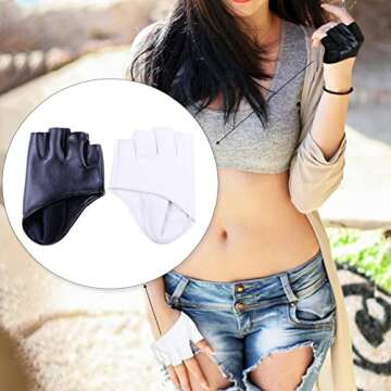 Townus 1 Pair White & Black Gloves PU Leather Anime Cosplay Fingerless Punk Mitten for Halloween Costume Dress Up Accessory