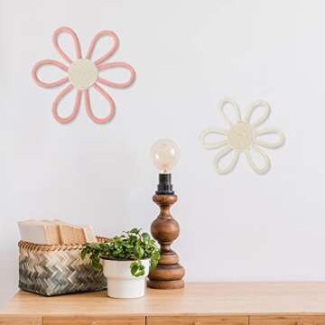 Boho Nursery Decor for Girl Daisy Flower Woven Macrame Hanging Bohemian Home Wall Flowers for Baby Girls Kids Dorm Nursery Decor(Pink, White,2 Pcs)