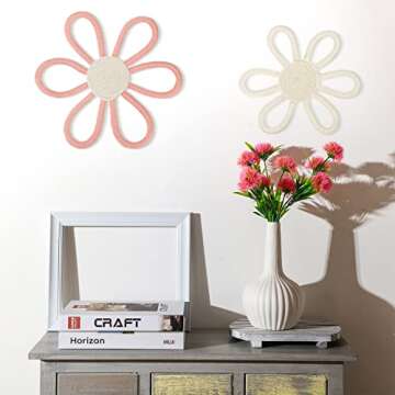 Boho Nursery Decor for Girl Daisy Flower Woven Macrame Hanging Bohemian Home Wall Flowers for Baby Girls Kids Dorm Nursery Decor(Pink, White,2 Pcs)