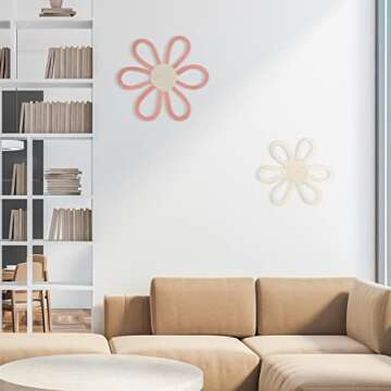 Boho Nursery Decor for Girl Daisy Flower Woven Macrame Hanging Bohemian Home Wall Flowers for Baby Girls Kids Dorm Nursery Decor(Pink, White,2 Pcs)