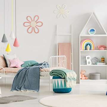 Boho Nursery Decor for Girl Daisy Flower Woven Macrame Hanging Bohemian Home Wall Flowers for Baby Girls Kids Dorm Nursery Decor(Pink, White,2 Pcs)