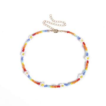 Salliy Derora Boho Beaded Choker Flower Necklace Beach Adjustable Jewelry Chain for Women (Colorful)