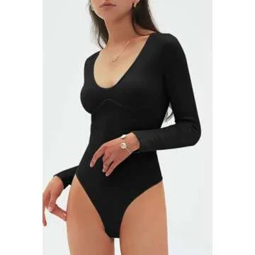 CHYRII Womens Sexy V Neck Bodysuit Basic Ribbed Long Sleeve Shirt Fall Tops Black L
