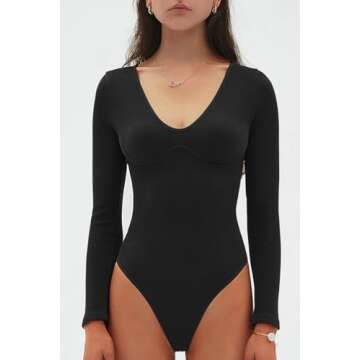 CHYRII Womens Sexy V Neck Bodysuit Basic Ribbed Long Sleeve Shirt Fall Tops Black L