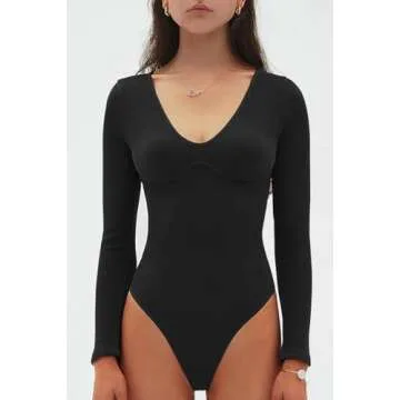CHYRII Womens Sexy V Neck Bodysuit Basic Ribbed Long Sleeve Shirt Fall Tops Black L