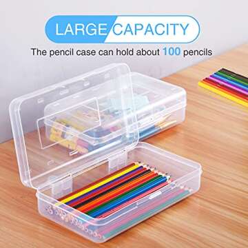 Sooez Plastic Pencil Case Box 6 Pack, Large Craft Storage Boxes Bulk, Plastic Containers with Snap-tight Lids, Hobby Art School Supply 0rganizer, Marker Bead Pen Bins Organizer,Stackable, Clear