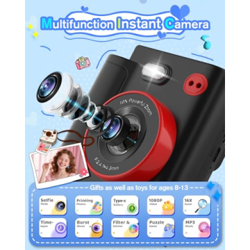 Instant Print Camera for Kids - Classic Black Digital Camera for 3-12 Year Olds, 1080P HD with 32GB ...