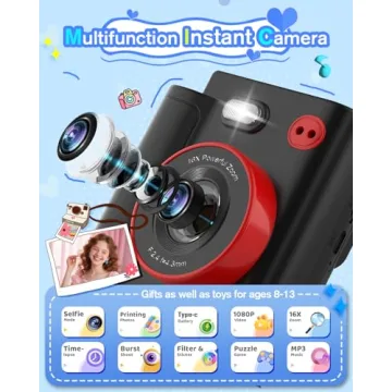 Instant Print Camera for Kids - Classic Black Digital Camera for 3-12 Year Olds, 1080P HD with 32GB ...
