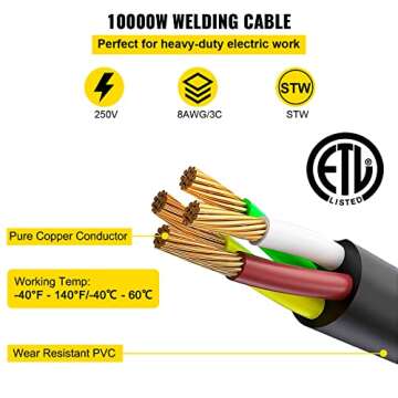 VEVOR Welder Extension Cord 25ft 40Amp 250V, 8 Gauge 3 Prong Heavy Duty Welding Extension Cable with NEMA 6-50P to 6-50R, ETL Listed