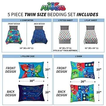 Franco Kids Bedding Super Soft Comforter and Sheet Set with Sham, 5 Piece Twin Size, PJ Masks
