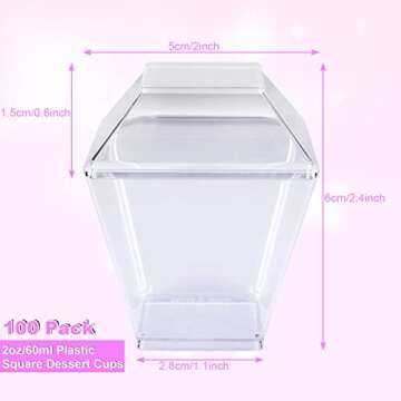ACXFOND 100 Pack 2oz Square Mini Dessert Cups with Spoons and Lids, Plastic Clear Parfait Cups with ...