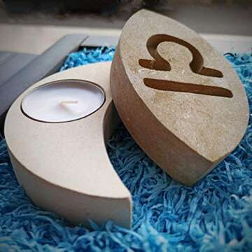 Libra Stone Tealight Candle Holder Handmade in Italy - Gift Box, Candle & Blank Message Card All Incl - Birthday September October - Air Zodiac Astrology Horoscope - Keepsake Ornament Home Decor