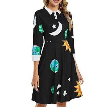 ZEZCLO Women's Long Sleeve Peter Pan Collar A-line Dress Halloween Costume Vintage Solar System Fit and Flare Dresses Black XL