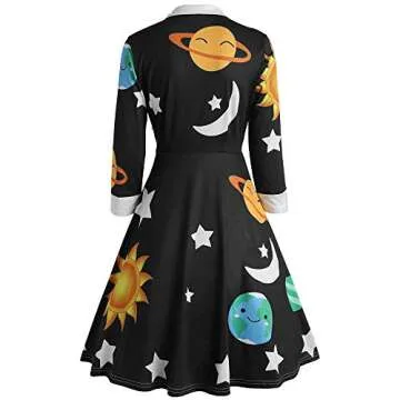 ZEZCLO Women's Long Sleeve Peter Pan Collar A-line Dress Halloween Costume Vintage Solar System Fit and Flare Dresses Black XL