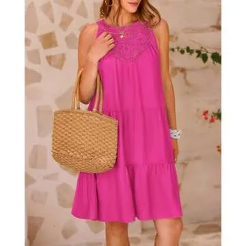 BTFBM Women 2024 Casual Summer Halter Dresses Sleeveless Hollow Out Tiered Swing Mini Short Dress Sp...