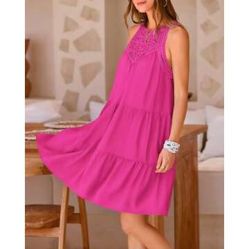 BTFBM Women 2024 Casual Summer Halter Dresses Sleeveless Hollow Out Tiered Swing Mini Short Dress Spring Break Outfit(Solid Rose Red, Large)