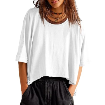 Tankaneo Women's Oversized T-Shirts Cropped Summer Casual Short Sleeve Loose Fit Tee Tops White
