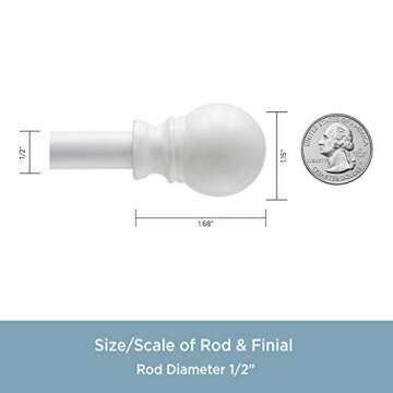 Kenney KN55251 Davenport Ball End Petite Café Decorative Window Curtain Rod, 48-86" Adjustable Length, White Finish, 1/2" Diameter Steel Tube