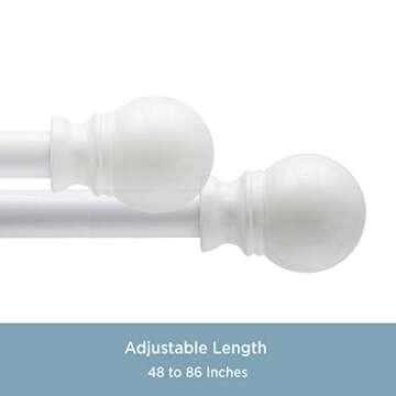 Kenney KN55251 Davenport Ball End Petite Café Decorative Window Curtain Rod, 48-86" Adjustable Length, White Finish, 1/2" Diameter Steel Tube