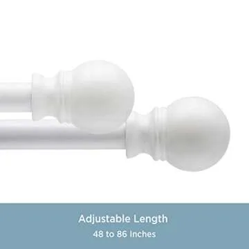 Kenney KN55251 Davenport Ball End Petite Café Decorative Window Curtain Rod, 48-86" Adjustable Length, White Finish, 1/2" Diameter Steel Tube