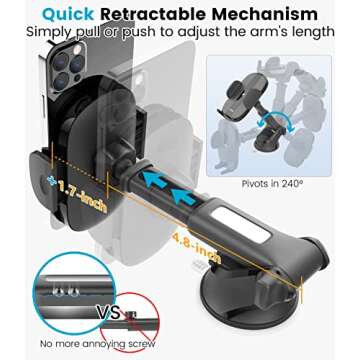 APPS2Car Phone Mount for Car Windshield [Quick Retractable Long Arm] Suction Cup Cell Phone Car Holder Low Profile Compatible with All Smartphones iPhone - Easy Clamp Hands-Free Universal Adjustable