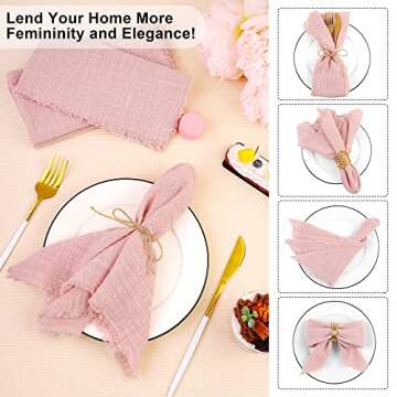 TURSTIN 12 Pieces Cotton Linen Cloth Napkin Handmade Cloth Napkin with Fringe 17 x 17 Inch Soft Cloth Dinner Wedding Napkin Square Rustic Fringe Napkin for Dinners, Parties, Weddings, Dusty Pink