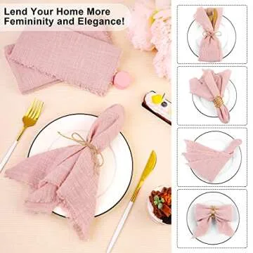 TURSTIN 12 Pieces Cotton Linen Cloth Napkin Handmade Cloth Napkin with Fringe 17 x 17 Inch Soft Cloth Dinner Wedding Napkin Square Rustic Fringe Napkin for Dinners, Parties, Weddings, Dusty Pink