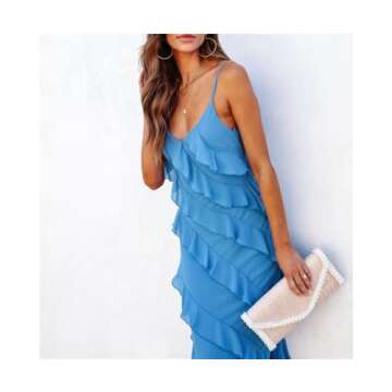 Women Summer Elegant Sling Midi Ruched Bodycon Dress Solid Color Backless Slim Party Cocktail Dresses(Blue-S)