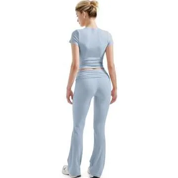 SUUKSESS Women 2 Piece Lounge Sets Going Out Y2K Foldover Pants Crew Neck Fitted Shirts Matching Pajamas (Light Blue, S)