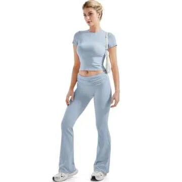 SUUKSESS Women 2 Piece Lounge Sets Going Out Y2K Foldover Pants Crew Neck Fitted Shirts Matching Pajamas (Light Blue, S)