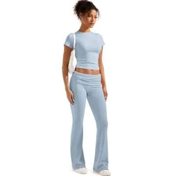 SUUKSESS Women 2 Piece Lounge Sets Going Out Y2K Foldover Pants Crew Neck Fitted Shirts Matching Pajamas (Light Blue, S)