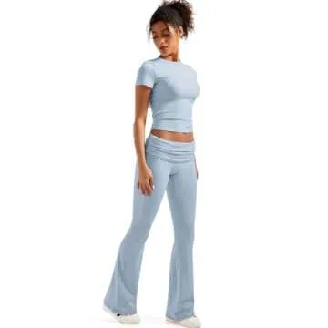 SUUKSESS Women 2 Piece Lounge Sets Going Out Y2K Foldover Pants Crew Neck Fitted Shirts Matching Pajamas (Light Blue, S)