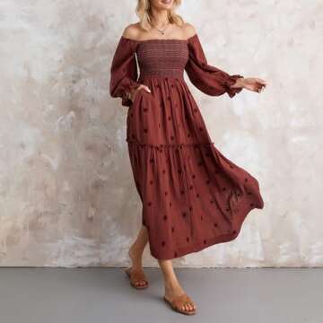 Argeousgor Women 2024 Bohemian Floral Dress Square Neck Ruffle Swing A Line Maxi Dress Long Sleeve Beach Long Dress(Great Bohemian Brown Long Dress,M)