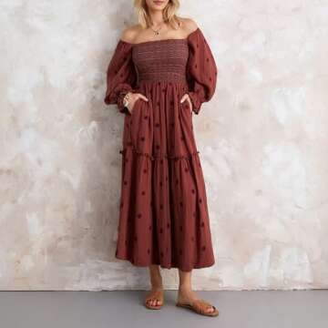 Argeousgor Women 2024 Bohemian Floral Dress Square Neck Ruffle Swing A Line Maxi Dress Long Sleeve Beach Long Dress(Great Bohemian Brown Long Dress,M)