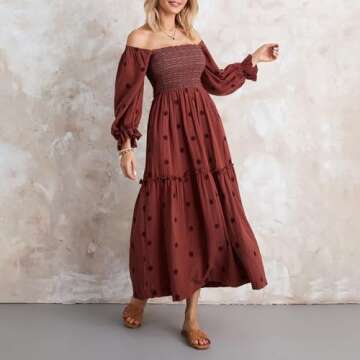 Argeousgor Women 2024 Bohemian Floral Dress Square Neck Ruffle Swing A Line Maxi Dress Long Sleeve Beach Long Dress(Great Bohemian Brown Long Dress,M)