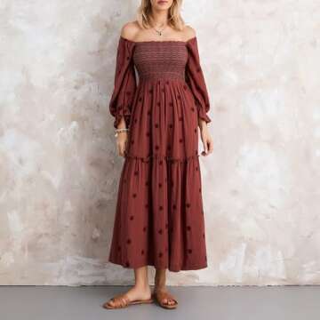 Argeousgor Women 2024 Bohemian Floral Dress Square Neck Ruffle Swing A Line Maxi Dress Long Sleeve Beach Long Dress(Great Bohemian Brown Long Dress,M)