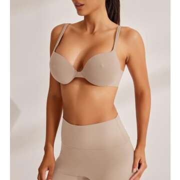 REORIA Women's Plunge Padded Nipple Push Up Bras Comfortable Smoothing Lightweight Supportive Underwire Push Up Tshirt Bras Clay 32B