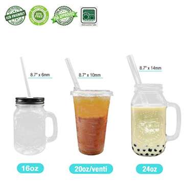 Reusable Glass Drinking Straws, Healthy Boba Smoothie Straws, ECO Friendly - BPA Free, 8.7" x 14mm / 10mm / 6mm, 6 Pack with Cleaning Brush for On The Go