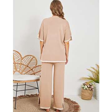 Faleave Womens Knit 2 Piece Sweater Sets Short Sleeve Pullover Tops Elastic Waist Wide Leg Pants Lounge Set(Khaki-L)
