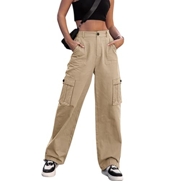ZMPSIISA Women High Waisted Cargo Pants Wide Leg Casual Pants 6 Pockets Combat Military Trousers(Kha...
