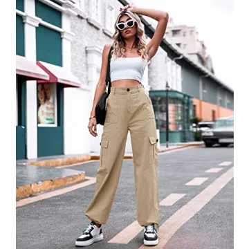 ZMPSIISA Women High Waisted Cargo Pants Wide Leg Casual Pants 6 Pockets Combat Military Trousers(Khaki,Medium)