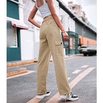 ZMPSIISA Women High Waisted Cargo Pants Wide Leg Casual Pants 6 Pockets Combat Military Trousers(Khaki,Medium)