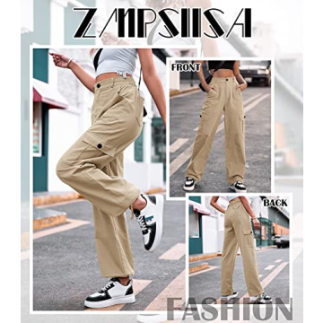 ZMPSIISA Women High Waisted Cargo Pants Wide Leg Casual Pants 6 Pockets Combat Military Trousers(Khaki,Medium)