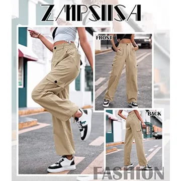 ZMPSIISA Women High Waisted Cargo Pants Wide Leg Casual Pants 6 Pockets Combat Military Trousers(Khaki,Medium)