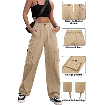 ZMPSIISA Women High Waisted Cargo Pants Wide Leg Casual Pants 6 Pockets Combat Military Trousers(Khaki,Medium)